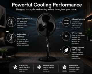 K Collection 16" Pedestal Fan – 3-Speed Oscillating Cooling Fan – Adjustable Height & Pivoting Head – Quiet Airflow – Black