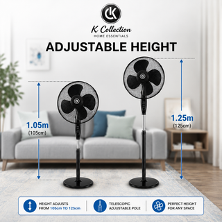 K Collection 16" Pedestal Fan – 3-Speed Oscillating Cooling Fan – Adjustable Height & Pivoting Head – Quiet Airflow – Black