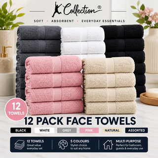 K Collection 12 Pack 100% Cotton Face Towels – 30 x 30cm