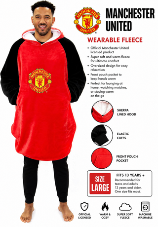 Manchester United FC Hugzee Oversized Wearable Hooded Fleece Super Warm and Cosy Premium Sherpa Lined, Design Perfect For Teens, Women and Men, One Size Suggested Height 110cm+, Red