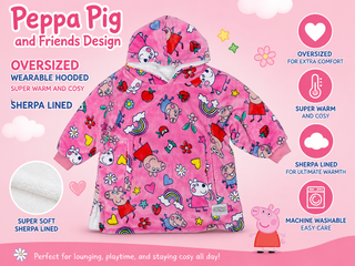Peppa Pig and Friends Design Oversized Wearable Hooded Fleece Super Warm and Cosy Perfect For Smaller Kids Age 3-6 Years Pink