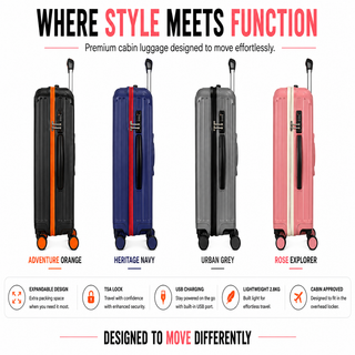 XPLR Cabin Suitcase 20 Inch (55x40x20cm) - Hard Shell Carry On Luggage with USB Charging Port, Cup Holder, TSA Lock, 360° Spinner Wheels, Lightweight 2.8kg Hand Luggage for Travel