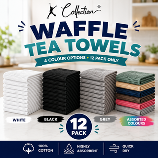 K Collection Premium Waffle Tea Towels 45 x 65cm - Highly Absorbent Quick Dry - Catering Bar Towel with Hanging Loop – Pack of 12