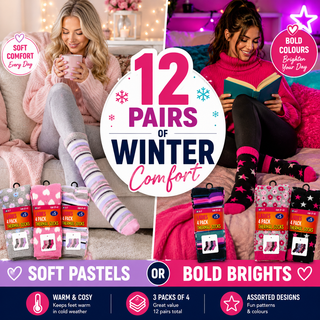 K Collection Ladies Thermal Socks 12 Pairs – Soft Pastel Colours - Warm Winter Brushed Socks for Women UK 4-7 (EUR 37-41) Assorted Designs
