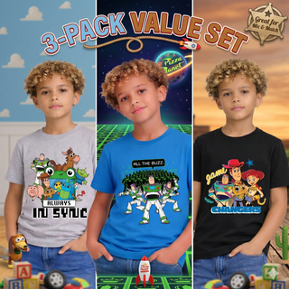 Disney Pixar Toy Story 5 Boys T-Shirts 3 Pack - Official Licensed Kids T-Shirts - Buzz Lightyear Woody Jessie - Ages 18 Months - 10 Years - Grey Blue Black