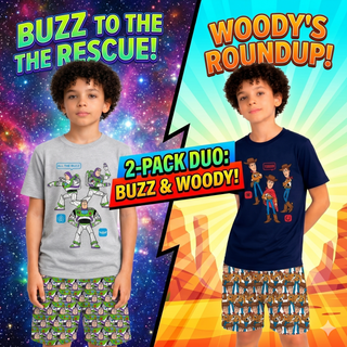 Disney Toy Story 5 Boys Short Pyjamas Pack of 2 – Buzz Lightyear & Woody Design Short Pyjama Sets – 100% Cotton Kids Sleepwear Multipack – Ages 18 Months to 10 Years