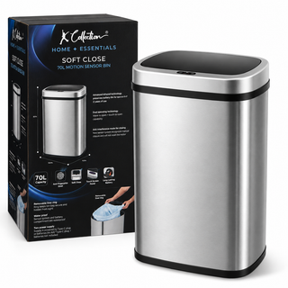 K Collection 70L Sensor Bin for Kitchen – Large Automatic Motion Sensor Waste Bin – Soft-Close, Fingerprint-Resistant Steel – USB-C or Battery Powered – Silver