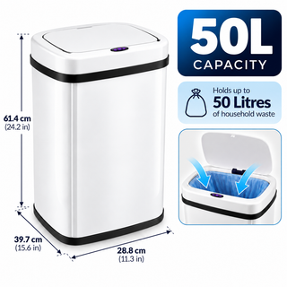 K Collection 50L Automatic Sensor Bin – Touchless Soft-Close Lid – White