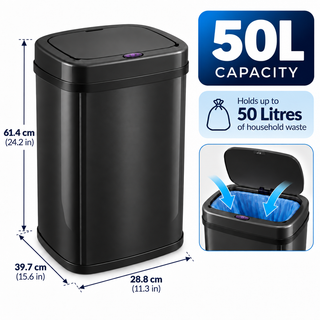 K Collection 50L Automatic Sensor Bin – Touchless Soft-Close Lid – Black
