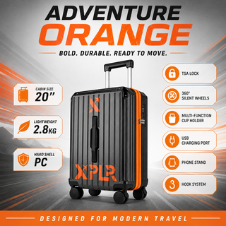 XPLR Cabin Suitcase 20 Inch (55x34x24cm) - Hard Shell Carry On Luggage with USB Charging Port, Cup Holder, TSA Lock, 360° Spinner Wheels, Lightweight 2.8kg Hand Luggage for Travel