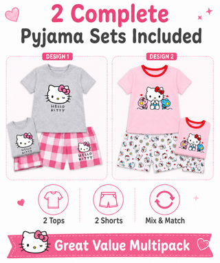 Hello Kitty Girls 2 Pack Short Pyjamas Set | 100% Cotton | Ages 18 Months–14 Years