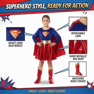Girls Superhero Costume with Cape - Fancy Dress Sizes 5-6 to 9-10