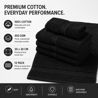 K Collection 12 Pack 100% Cotton Face Towels – 30 x 30cm