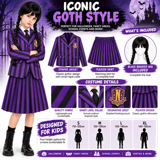 Girls Wednesday Gothic Costume with Wig - Sizes 5-6 to 9-10