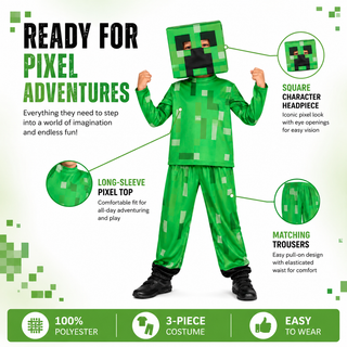 Kids Pixel Block Gaming Costume – Green Character Fancy Dress – Sizes 5-6 to 9-10