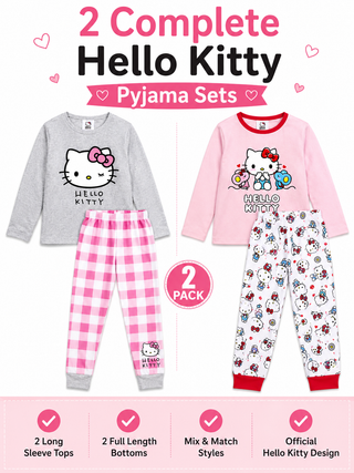 Hello Kitty Girls Long Pyjamas Set 2 Pack- Ages 18 Months–14 Years