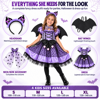 Girls Kuromi Costume with Wings - Sizes 3-5 to 7-9 - Halloween