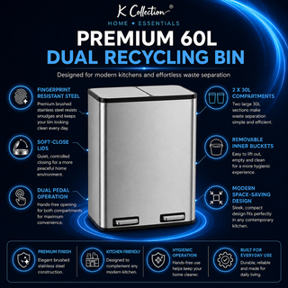 K Collection 60L Dual Recycling Kitchen Bin – Soft Close Pedal, Stainless Steel, 2 x 30L