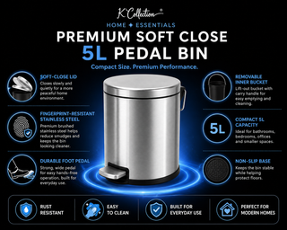 K Collection 5L Soft Close Pedal Bin – Stainless Steel Bathroom Bin with Removable Bucket