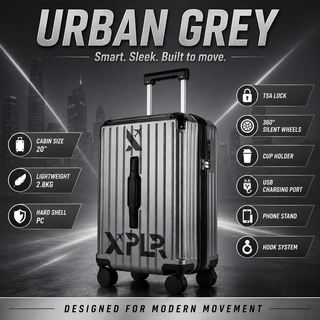 XPLR Cabin Suitcase 20 Inch (55x34x24cm) - Hard Shell Carry On Luggage with USB Charging Port, Cup Holder, TSA Lock, 360° Spinner Wheels, Lightweight 2.8kg Hand Luggage for Travel