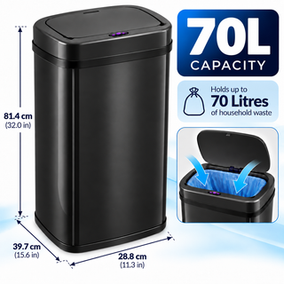 K Collection 70L Automatic Sensor Bin – Touchless Soft-Close Lid – Black