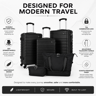 XPLR 5-Piece Black Hard Shell Luggage Set with TSA Lock & Spinner Wheels
