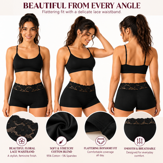 Harte & Soul Women's Lace Waist Cotton Boxers 5 Pack - Black