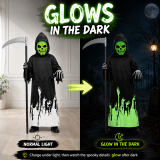 Kids Glow in the Dark Reaper Skeleton Halloween Costume - 3-12 Yrs
