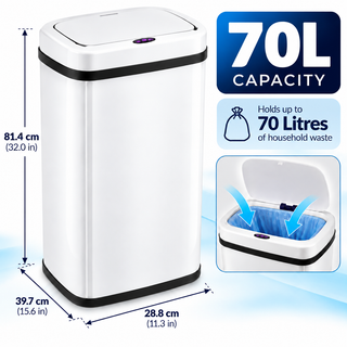 K Collection 70L Automatic Sensor Bin – Touchless Soft-Close Lid – White
