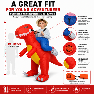 Younger Kids’ Inflatable Red Dragon Ride-On Costume – One Size 80–120 cm – Perfect for Parties, School Events & Halloween