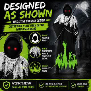Kids Glow in the Dark Grim Reaper Halloween Costume - Hooded - 3-12 Yrs