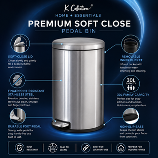 K Collection 30L Soft Close Bin – Premium Stainless Steel Pedal Bin with Removable Inner Bucket, Ideal for Bathroom, Kitchen & Office