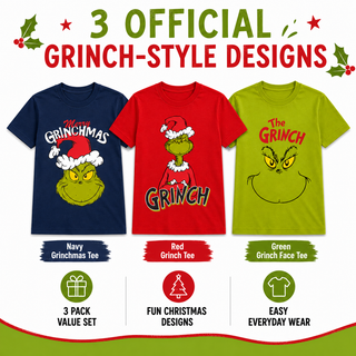 Kids Grinch T-Shirts 3 Pack - Cotton Grinchmas Tops - Ages 2-3 to 13-14