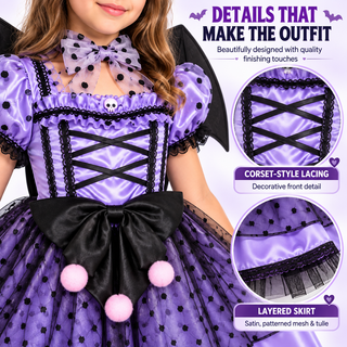 Girls Kuromi Costume with Wings - Sizes 3-5 to 7-9 - Halloween