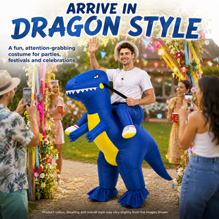 Adult Inflatable Blue Dragon Ride-On Costume - One Size 160-190cm – Perfect for Festivals, Parties & Halloween