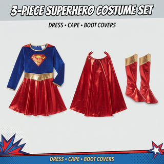 Girls Superhero Costume with Cape - Fancy Dress Sizes 5-6 to 9-10