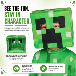Kids Pixel Block Gaming Costume – Green Character Fancy Dress – Sizes 5-6 to 9-10