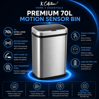 K Collection 70L Sensor Bin for Kitchen – Large Automatic Motion Sensor Waste Bin – Soft-Close, Fingerprint-Resistant Steel – USB-C or Battery Powered – Silver