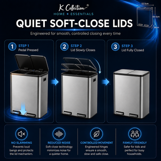 K Collection 60L Dual Recycling Kitchen Bin – Soft Close Pedal, Stainless Steel, 2 x 30L