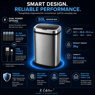K Collection 50L Sensor Bin for Kitchen – Large Automatic Motion Sensor Waste Bin – Soft-Close, Fingerprint-Resistant Steel – USB-C or Battery Powered – Silver