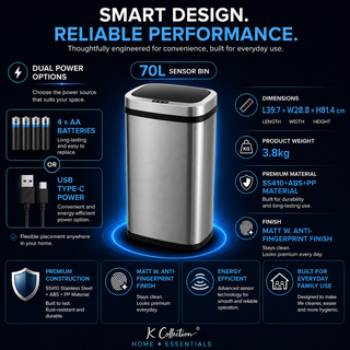 K Collection 70L Sensor Bin for Kitchen – Large Automatic Motion Sensor Waste Bin – Soft-Close, Fingerprint-Resistant Steel – USB-C or Battery Powered – Silver