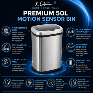 K Collection 50L Sensor Bin for Kitchen – Large Automatic Motion Sensor Waste Bin – Soft-Close, Fingerprint-Resistant Steel – USB-C or Battery Powered – Silver