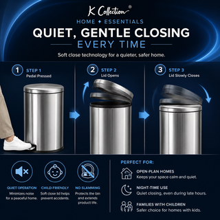 K Collection 30L Soft Close Bin – Premium Stainless Steel Pedal Bin with Removable Inner Bucket, Ideal for Bathroom, Kitchen & Office