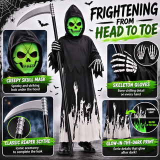 Kids Glow in the Dark Reaper Skeleton Halloween Costume - 3-12 Yrs