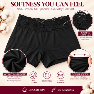 Harte & Soul Women's Lace Waist Cotton Boxers 5 Pack - Black