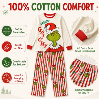 Kids Grinch Christmas Pyjamas - Feelin’ Grinchy Festive Design - Ages 2-3 to 15-16 Years