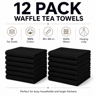 K Collection Premium Waffle Tea Towels 45 x 65cm - Highly Absorbent Quick Dry - Catering Bar Towel with Hanging Loop – Pack of 12