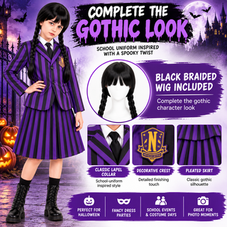 Girls Wednesday Gothic Costume with Wig - Sizes 5-6 to 9-10