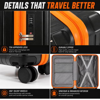 XPLR Cabin Suitcase 20 Inch (55x34x24cm) - Hard Shell Carry On Luggage with USB Charging Port, Cup Holder, TSA Lock, 360° Spinner Wheels, Lightweight 2.8kg Hand Luggage for Travel