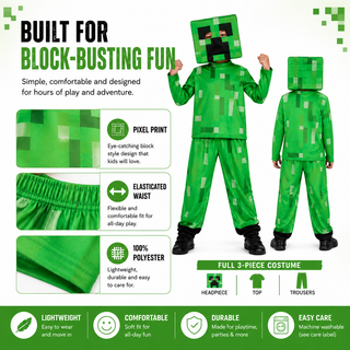 Kids Pixel Block Gaming Costume – Green Character Fancy Dress – Sizes 5-6 to 9-10